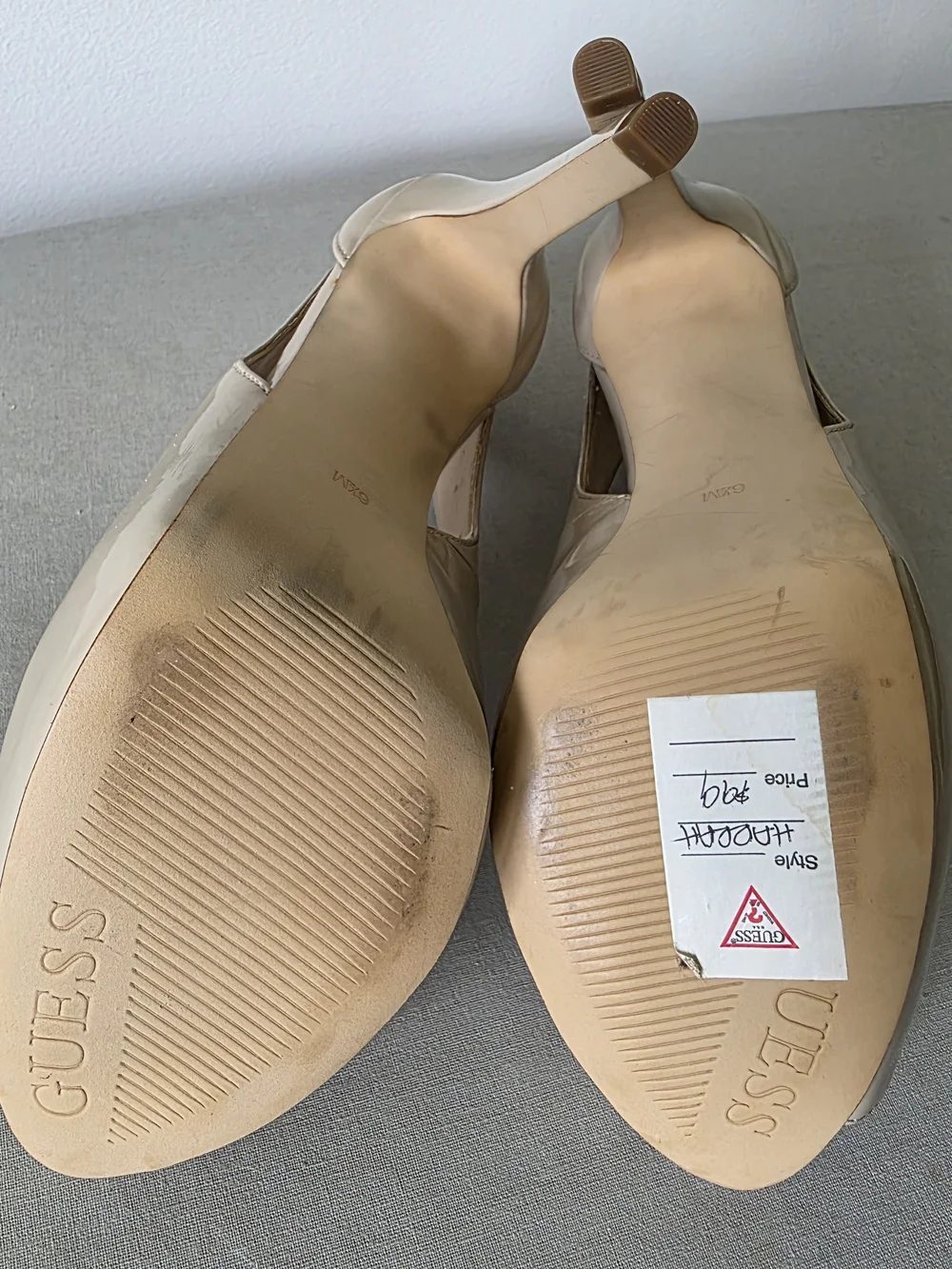 GUESS Harrah Nude Patent Peep Toe D'Orsay Platform Pumps Stiletto Heels 6.5M